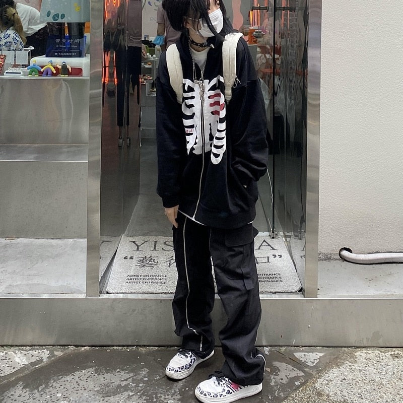 Deeptown Techwear Grunge Skeleton Print Black Oversize Zipper Hoodies Women Gothic Streetwear Punk Female Pullover Sweatshirt