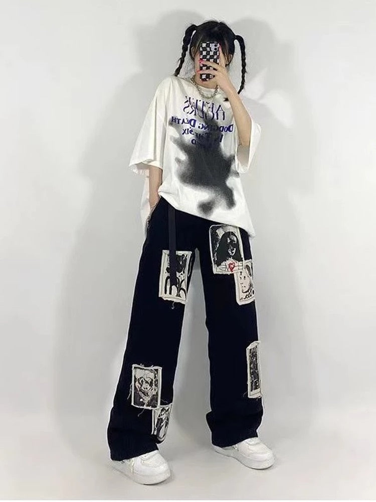 Drespot  Grunge Punk Patchwork Black Jeans Women Hip Hop Streetwear Print Oversize Wide Leg Trousers 90S Vintage Fashion Pants