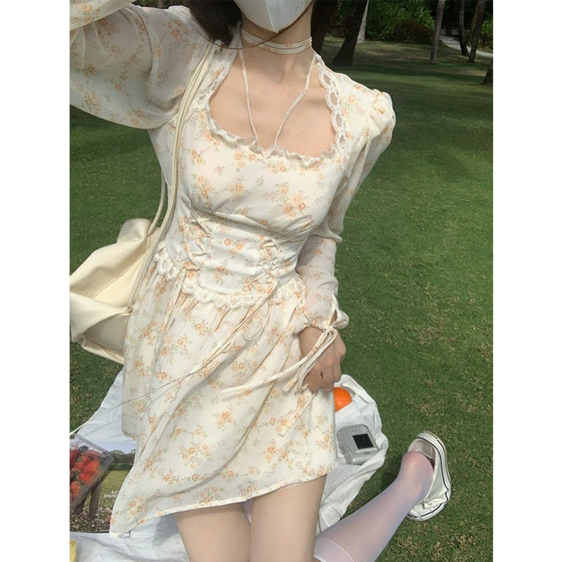 Drespot  Spring Elegant Y2k Midi Dress Women Casual Lace One Piece Dress Korean Sweet Vintage Floral Dress Party Female Long Sleeve