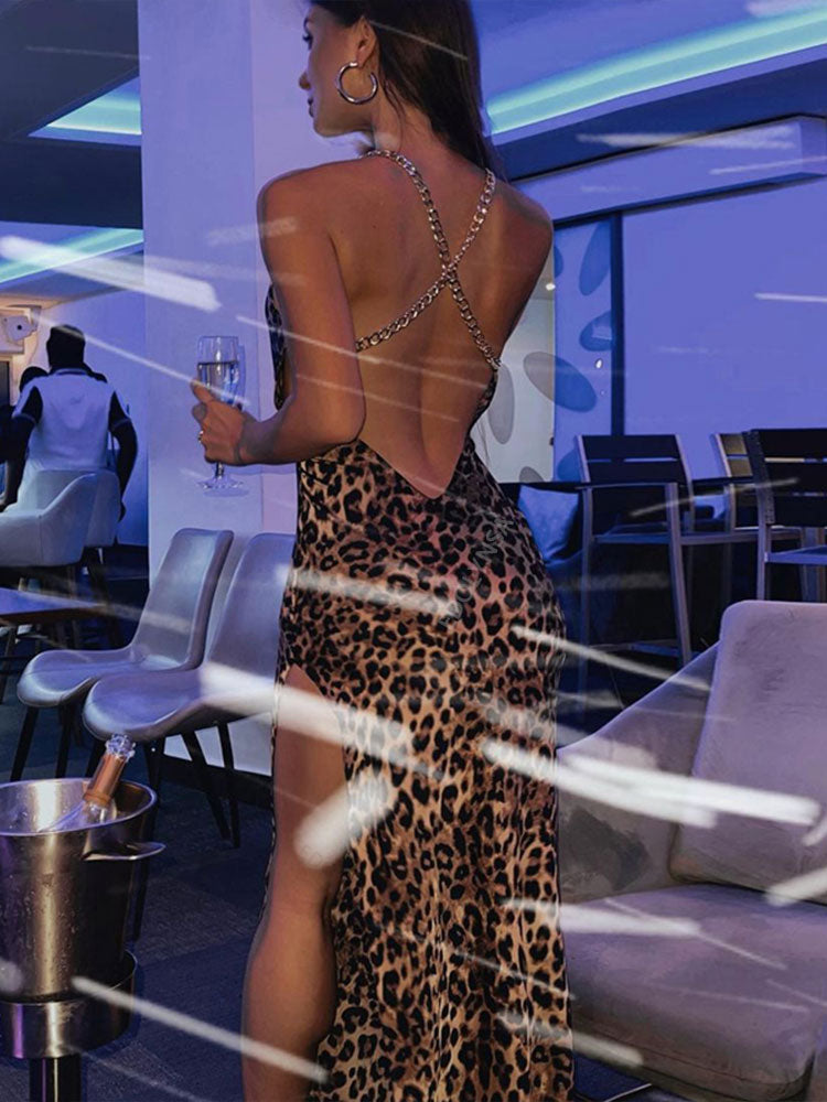 Fashion Leopard Long Sundress Sexy See Through Spaghetti Strap Maxi Dress Women Summer Clothes Party Slip Dresses A1257