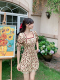 Floral Dress Summer  Sweet Kawaii Mini Dress Short Sleeve Elegant Vintage Ruffle Puff Sleeve Sundress Korean Fashion