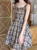 Plaid Dress Women Kawaii Slip Mini Dress  Summer Goth Sleeveless Sexy Bandage Ruffles Preppy Style Fashion Sundress