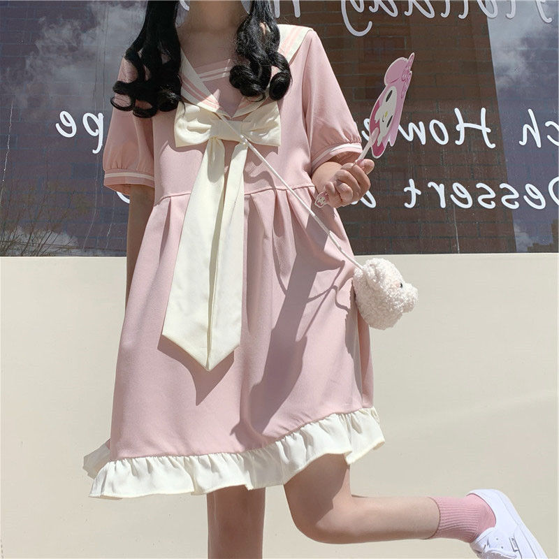 Drespot Pink Lolita Dress Kawaii Bow Sailor Collar Cute Sundress Japanese Sweet Girl   Summer Dresses Women Preppy Style