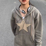 Back To School Outfits Vintage Star Patch Hoodies Women 2022 Punk Gothic Zipper Hooded Sweatshirts Harajuku Hip Hop Long Sleeve Jacket Y2k Clothes