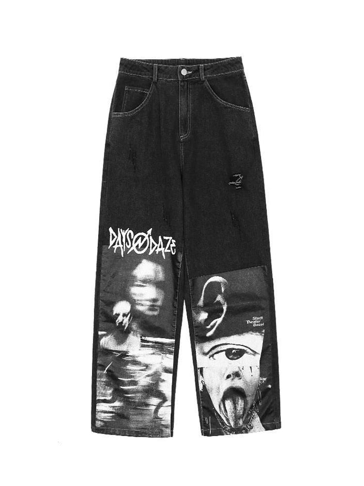 Drespot  Gothic Baggy Jeans Women Punk Hippie Streetwear Print Y2K Wide Leg Trousers Harajuku Grunge Denim Pants Vintage 90S