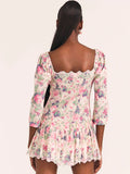 Drespot Women Fashion Pink Floral Print Mini Dress Summer Holiday Beach Half Sleeves Bow Tie Embroidery Short Dress Vestidos