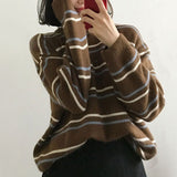 Drespot Thanksgiving Aesthetic Striped Sweater Women Cozy Pullovers Crew-Neck Loose Knitted Jumper Y2K Streetwear /