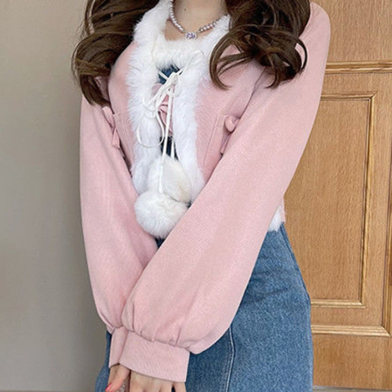 Winter Sweet Lolita Crop Sweater Women Pink Japanese Cute Kawaii Cardigan Sweater White Korea College Style Coat Autumn  New