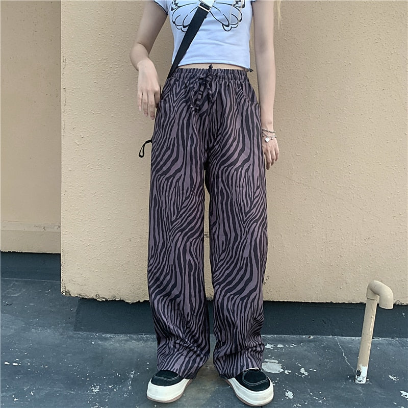 Drespot Women Vintage Zebra Pants High Waist Full Length Straight Leg Zebra Print Pants Long Trousers Grunge Aesthetic Streetwear /