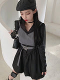 Drespot Korean Kpop Notched Dress Women Preppy Style Harajuku Streetwear Black Long Sleeve Short Shirt Dresses Casual  Spring