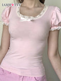 IAMHOTTY y2k Pink T Shirt Women Puff Short Sleeve Lace Patchwork Bow Kawaii Crop Top Lolita Style Tops Japanese Cute Cotton Tee D2