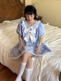 Women Lolita Dress Kawaii Bow Lace Patchwork Short Sleeve Dresses Summer Blue Preppy Style Sweet Cute Peter Pan Collar