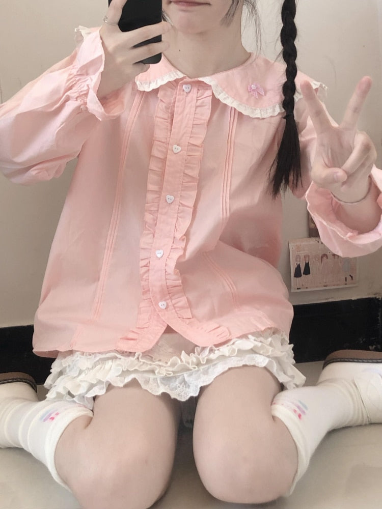 Drespot Kawaii Lolita Shirt Women Pink Sweet Long Sleeve Blouse Ruffles Patchwork Preppy Style Peter Pan Collar Japanese Tops
