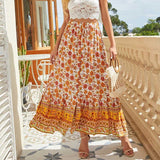 Summer Bohemia Long Floral Skirt Print Buttoned Slit Skirt Women  Beach Faldas Female Boho Elastic Waist Holiday Maxi Skirts
