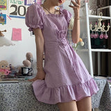 Purple Kawaii Mini Dress  Summer Plaid Elegant Bandage Puff Sleeve Square Collar Sweet Dresses Ruffles Preppy Style