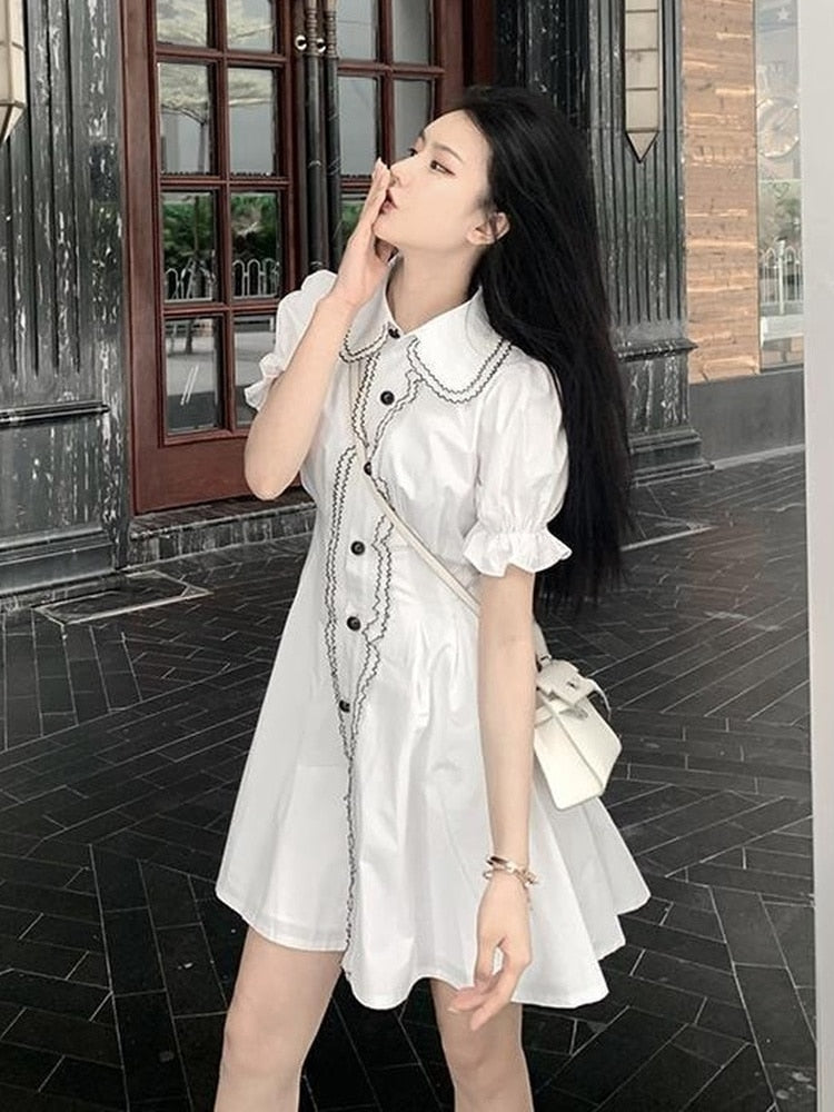 Drespot  Summer White Mini Dress Women Korean Fashion Wrap Puff Sleeve Ruffle Party Short Dresses Casual Robes Female Kpop