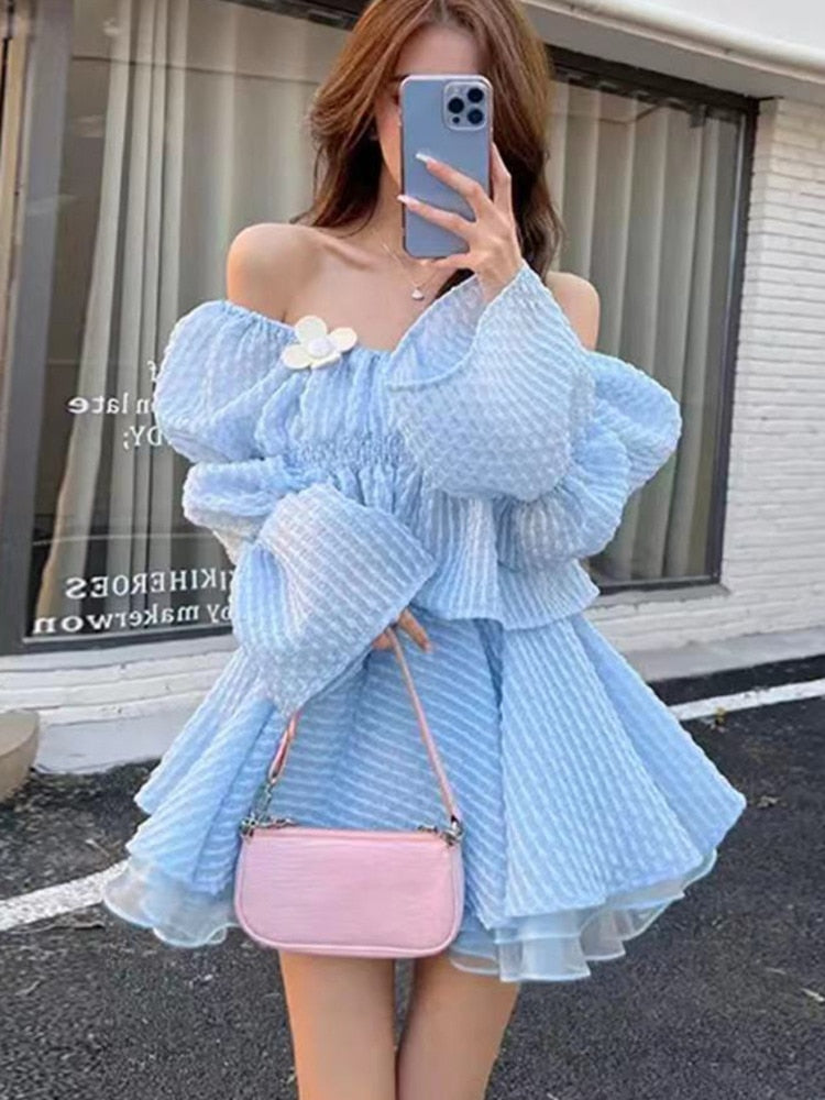 Drespot   New Spring Korean Sweet Two Piece Set Women Short Shirt Blouse Crop Top + Mesh Cake Skirt Suits Fashion Fairy 2 Piece Suits