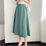 Spring Autumn Women Elegant Vintage Solid Midi Skirt Office Ladies All-match A-Line Elastic Waist Fashion Skirt
