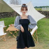 Plaid Dress Women Black Elegant Vinatge Dresses Sexy Square Collar Long Sleeve Korean Fashion Female Robe Streetwear