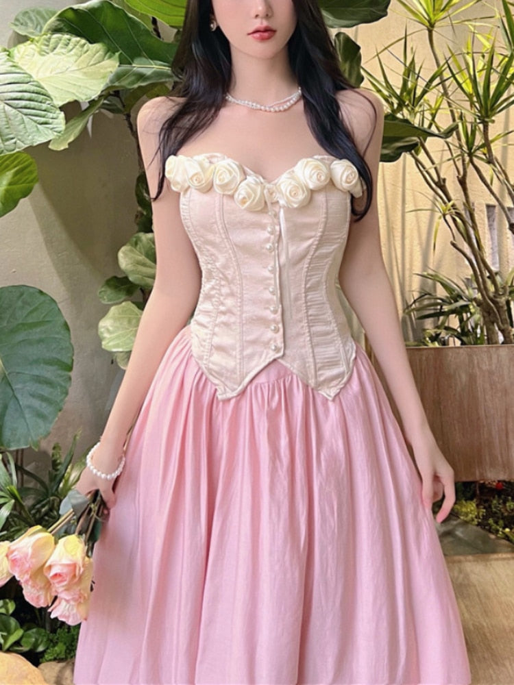 France Vintage Elegant Two-piece Dress Floral Sweet Corset Top + Pink High-waisted Skirt Korean Style Clothing Sets Summer
