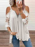 4 Solid Color Fashion Off Sholder Hollow Brouse Short Sleeve Deep V Neck Zipper Loose T Shirt Casual Loose Shirt for Office Lady