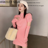 Drespot   Knitted Bodycon Dress Sexy Puff Sleeve Sweater Mini Dress Women Evening Party One Piece Dress Korean Spring Clothing Chic