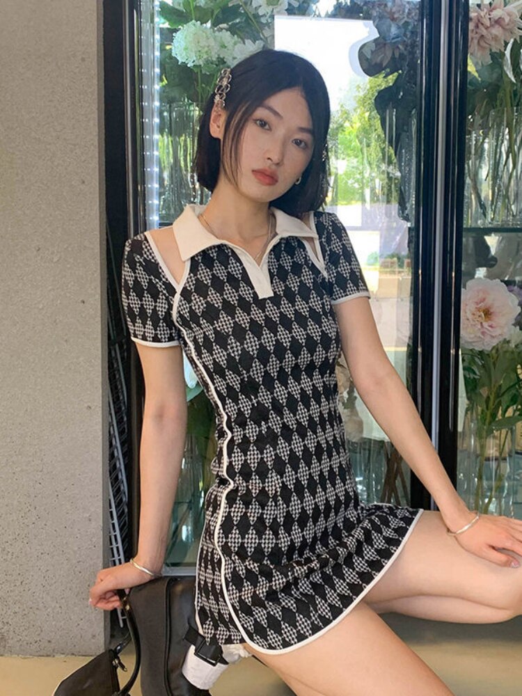 Black Plaid Dress Women Short Sleeve  Summer Sexy Hollow Out Bodycon Mini Dresses High Street Korean Fashion Robe