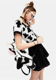 Drespot Thanksgiving Y2K Cow Print Crop Knit Top Square Neck Short Sleeve Fitted Fuzzy Sweater Kpop Grunge Aesthetic Outfit