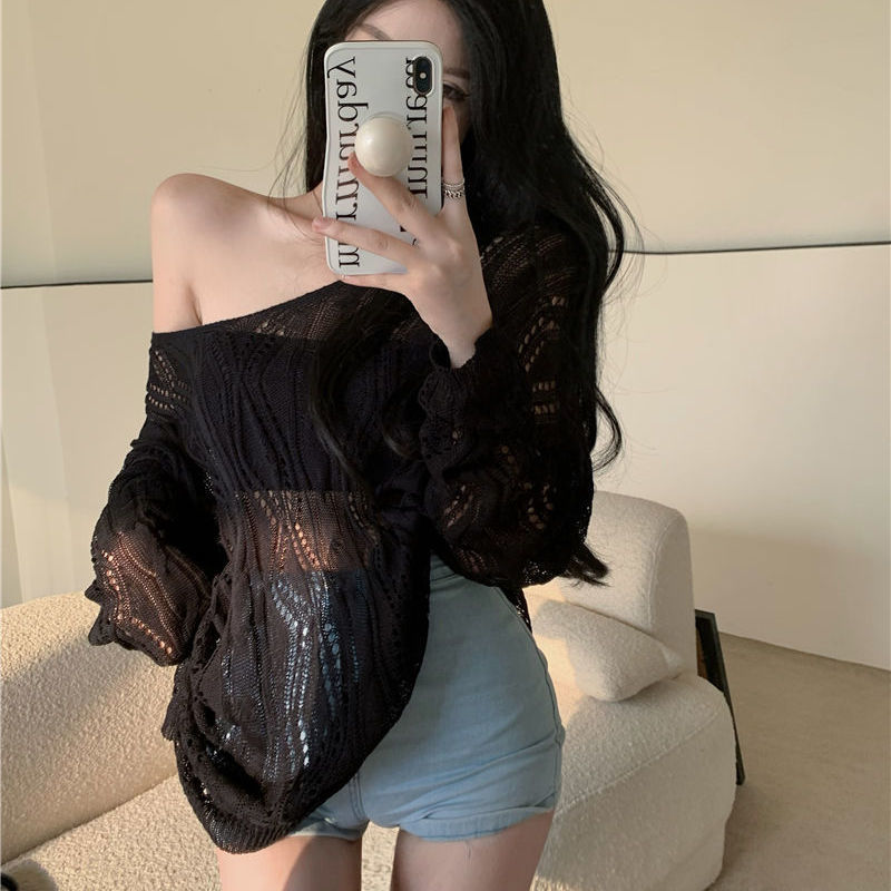 Drespot Y2K Knitted Sweater Women Punk Sexy Hollow Out Jumper Summer Long Sleeve Loose V-Neck Pullover Tops Vintage Streetwear