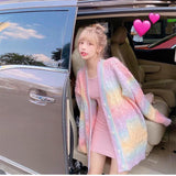 Drespot Y2K Kawaii Rainbow Knitted Cardigan Women Japanese Harajuku Tie Dye Sweater Loose Casual V-Neck Tops Sweet Preppy Style