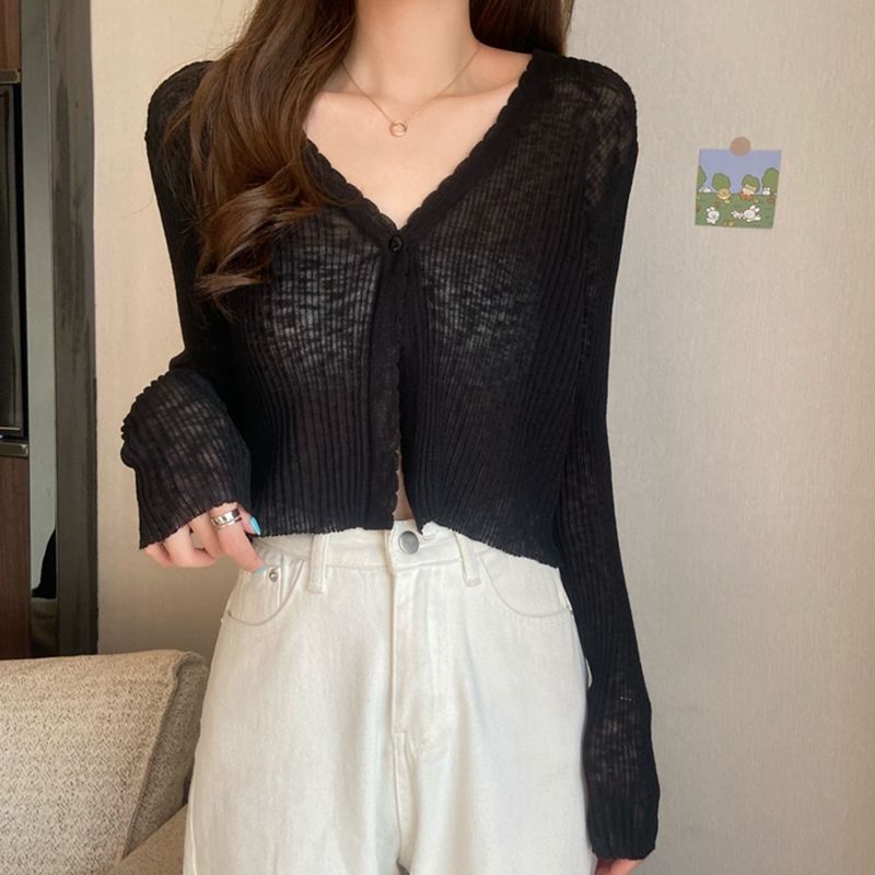 Korean Style Knitted Cardigan Sweaters Women Retro Slim Crop Top V-neck Thin Sun-proof Casual Summer Outdoor Coat Sweet