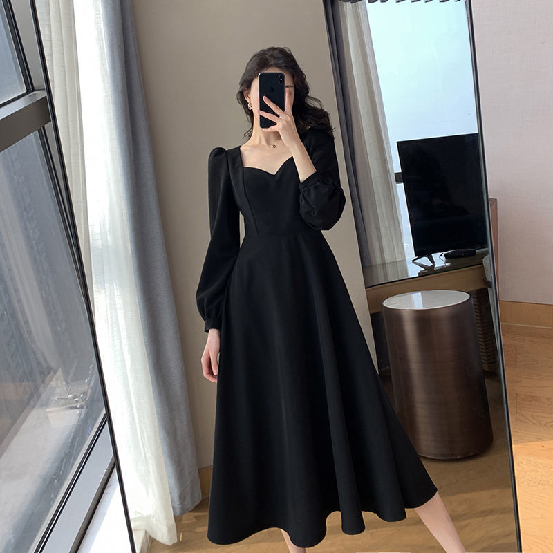 Drespot Vintage Black Dress Women Retro Elegant Wrap Midi Dresses Korean Harajuku Long Sleeve Solid Clothes  Spring Fashion