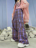 Drespot  Gothic Harajuku Purple Checked Trousers Women Hippie Chain Plaid Cargo Pants Y2K Aesthetic Streetwear High Waist Pants