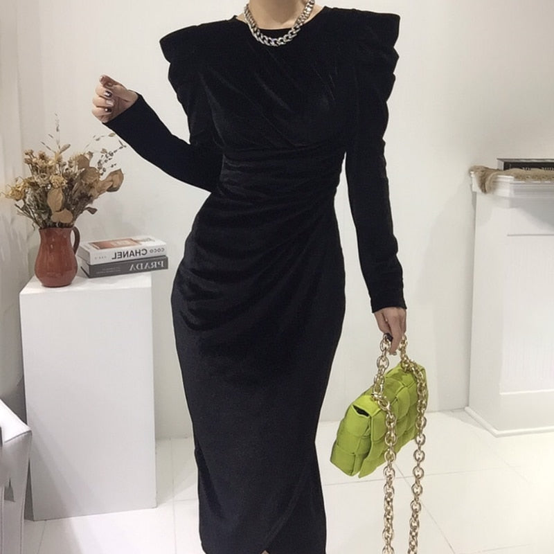Drespot Spring Women Velvet Midi Dress Vintage Elegant Slim Waist Black O-Neck Long Sleeve Vestido Feminino Party Dress
