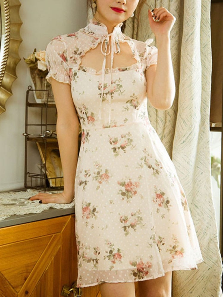 Women Summer Vintage Elegant Floral Print Mini Dresses Lady A-Line Casual Vestido Femme Boho Casual Party Dress