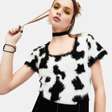 Drespot Thanksgiving Y2K Cow Print Crop Knit Top Square Neck Short Sleeve Fitted Fuzzy Sweater Kpop Grunge Aesthetic Outfit