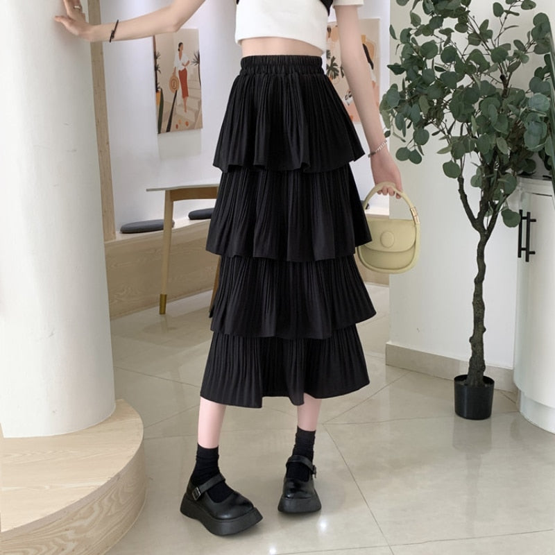 Korean Version Pleated Ruffled Black Skrit Women Summer  New Half Body A-line High Waist Layered Cake Skirt  Faldas Mujer