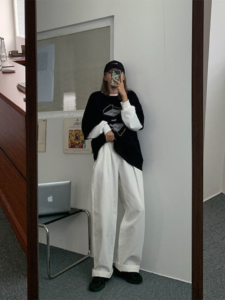 Drespot  Korean Style White Wide Leg Pants Women Oversize Hip Hop Streetwear Loose Trousers For Female High Waist Kpop Fashion