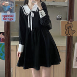 Women Black Dress Kawaii Preppy Style Sailor Collar Long Sleeve Dresses Elegant Vintage Korean Fashion High Street