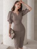 Women Spring Summer Elegant Midi Dress Office Lady Fashion Slim Long sleeve Female Sheath Bodycon Clothes Vestidos
