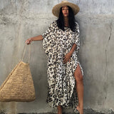 Drespot   Leopard Self Belted Side Split Summer Beach Dress Long Tunic Women Clothes Plus Size Beachwear Maxi Dress Q1226