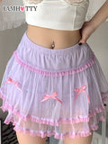 A-line 2 Layered Mesh Mini Skirt Purple Lolita Skirt Cute Fairycore Grunge Y2K Bow Patchwork Japanese Skirts Shorts 90s