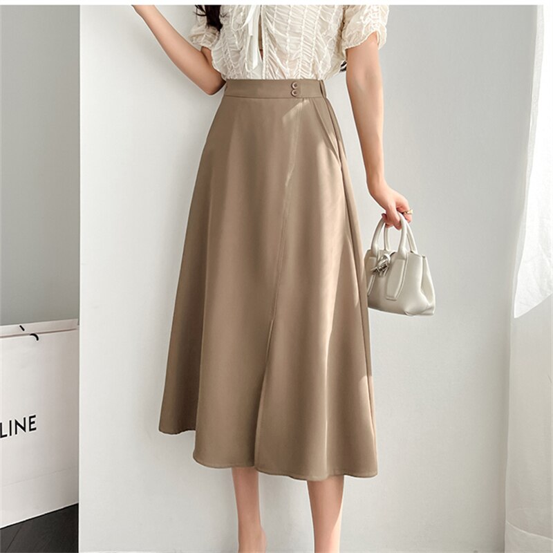 Spring Autumn Women Elegant Vintage Solid Midi Skirt Office Ladies All-match A-Line Elastic Waist Fashion Skirt