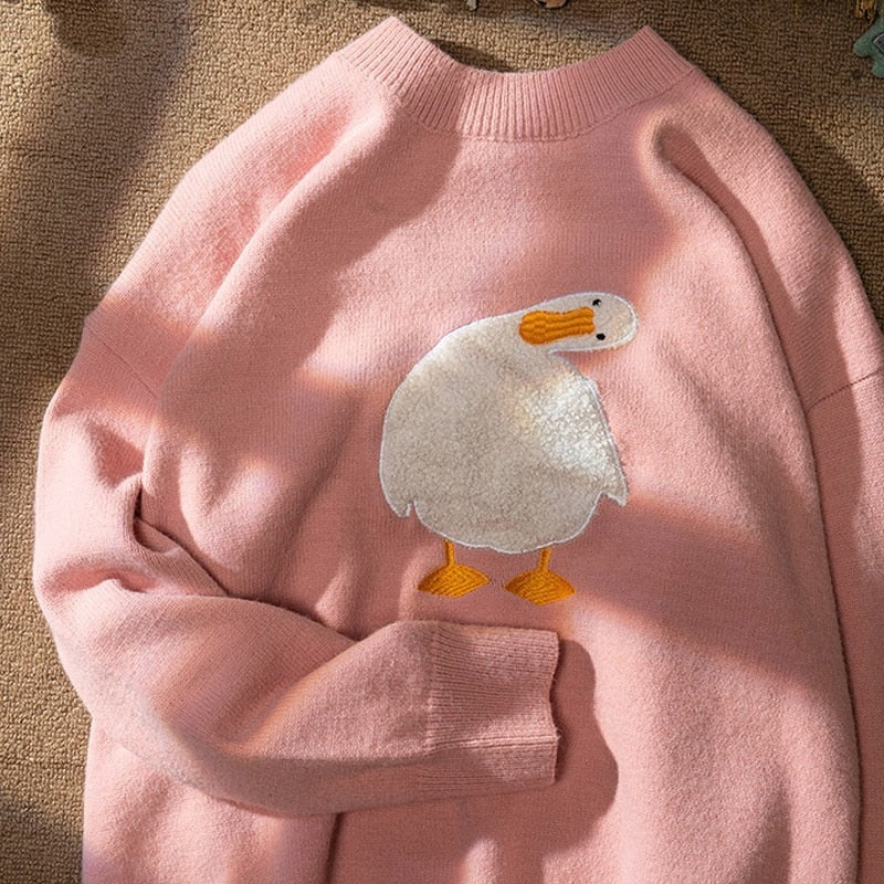 Deeptown Kawaii Korean Style Duck Print Knitted Sweater Women Harajuku Crewneck Oversize Pink Jumper Pullover Female Black Tops