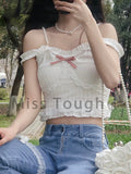 White Japanese Kawaii Sweet Tank Top Women Lace Korean College Style Cute Crop Top Female Bow Casual Sexy Beach Vset Summer