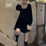 Drespot Black Kawaii Mini Dress Gothic Lace Patchwork Elegant Vintage Dresses Women Long Sleeve  Spring Fashion Female Robe