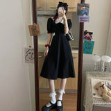 Drespot Vintage Black Dress Women Wrap Bandage Kawaii Puff Sleeve Dresses School Student Party Gothic Goth Robes Girl  Summer