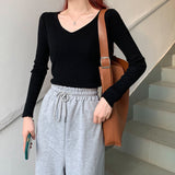 Korean Fashion Solid Knitted Sweater Women Harajuku V-neck Jumper Elegant Slim-fit Casual All-match Soft Basic Tops Y2K