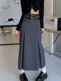 Drespotshop Vintage Belt Long Skirt Women Autumn 90s Aesthetic Streetwear Y2k High Waist Slim A-line Pleated Skirt Korean Style