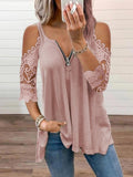 4 Solid Color Fashion Off Sholder Hollow Brouse Short Sleeve Deep V Neck Zipper Loose T Shirt Casual Loose Shirt for Office Lady